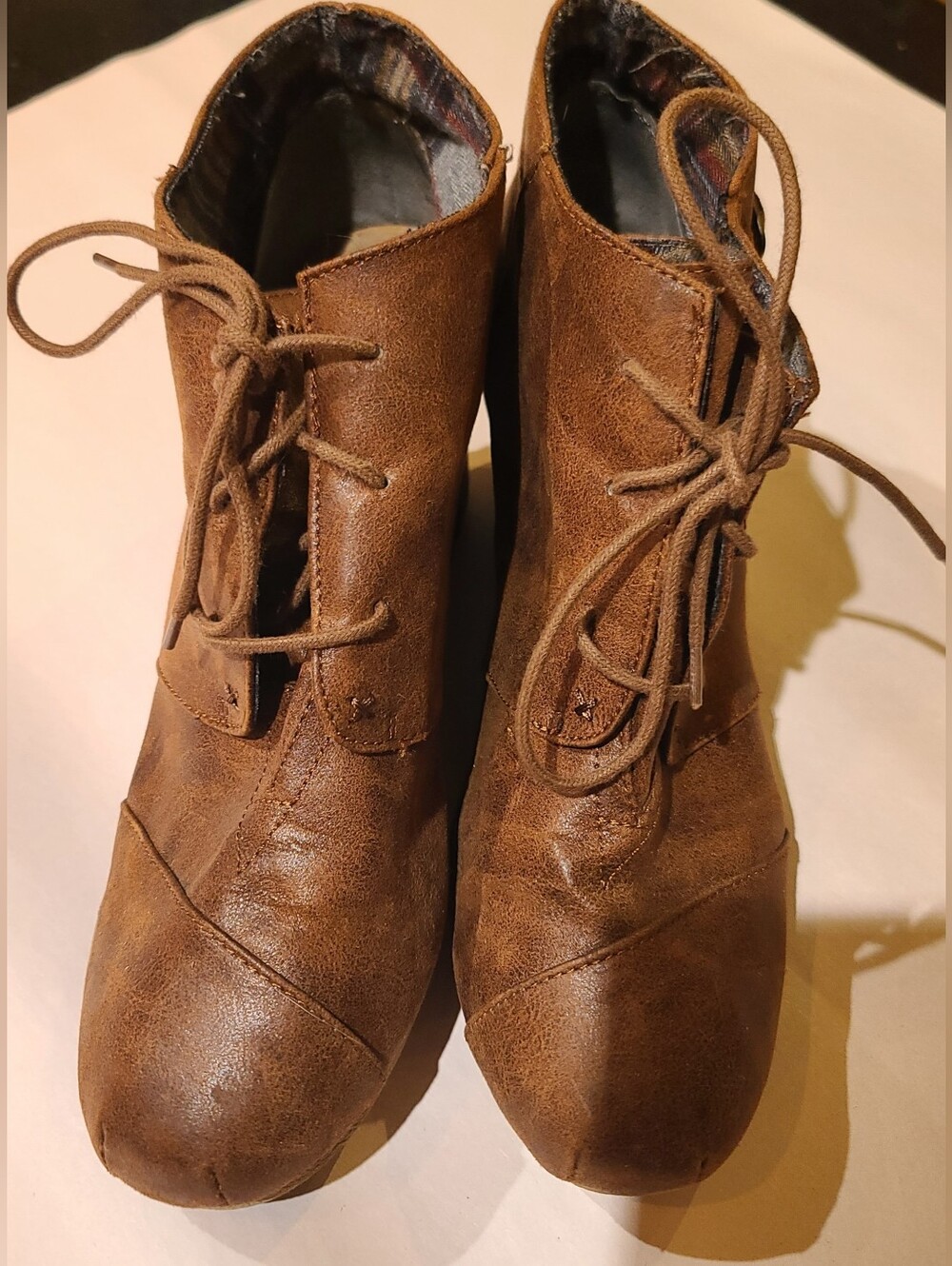 Maurices Cheri Brown Faux Leather Ankle Booties Wedge Lace Up Buckle